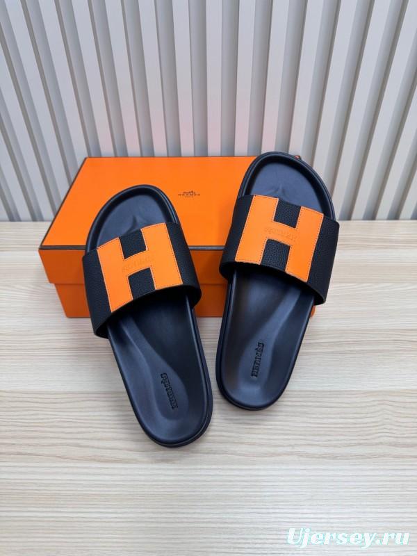 2025 Women Hermès Black Orange Leather Slippers