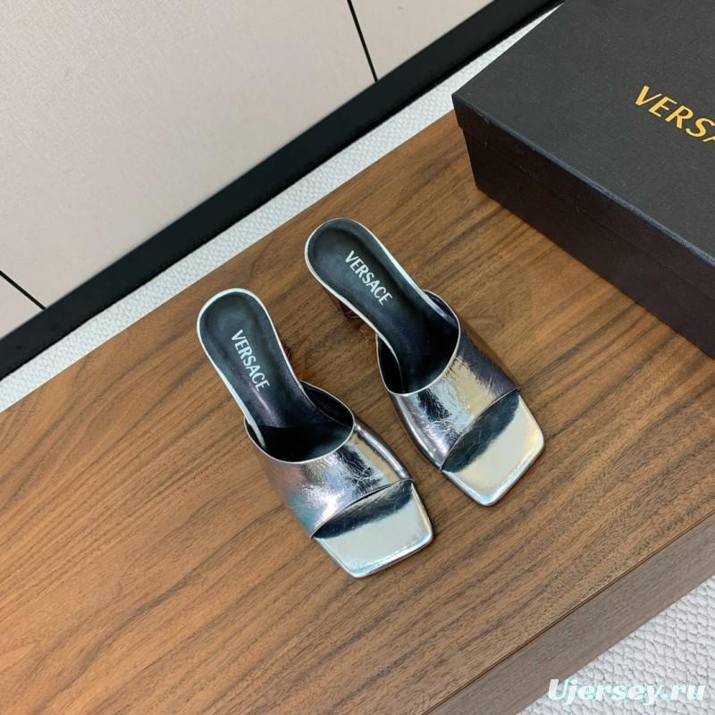 2025 Women VERSACE Silver Leather Slippers