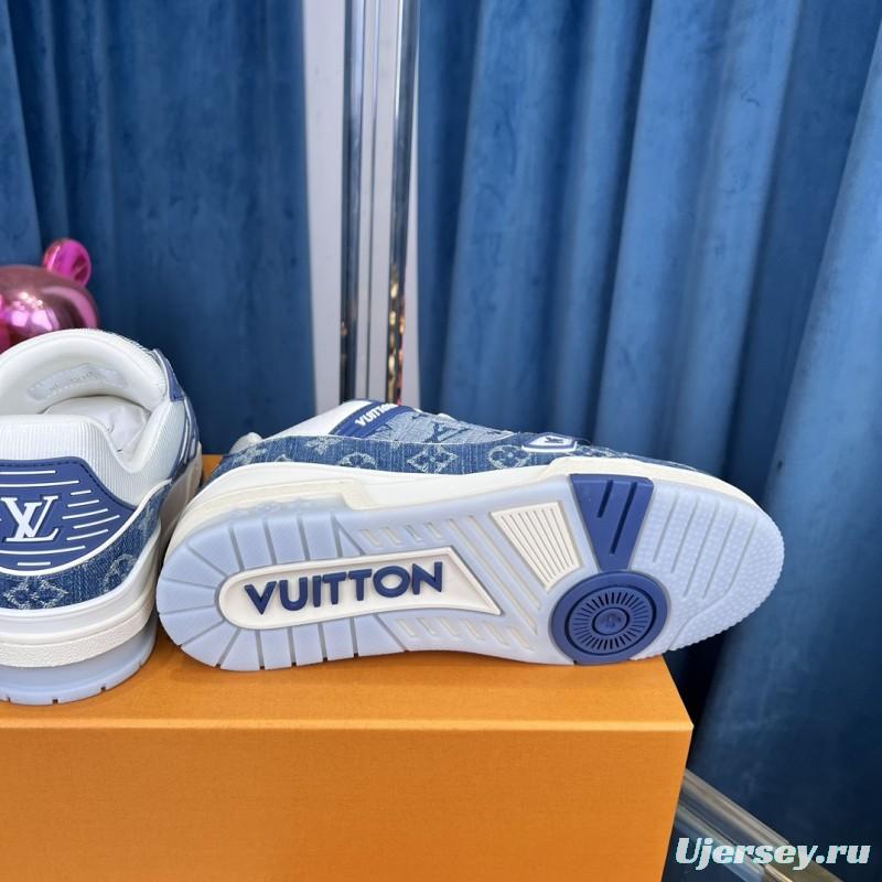 2025 Men Louis Vuitton Blue White Denim Leather LV Trainer