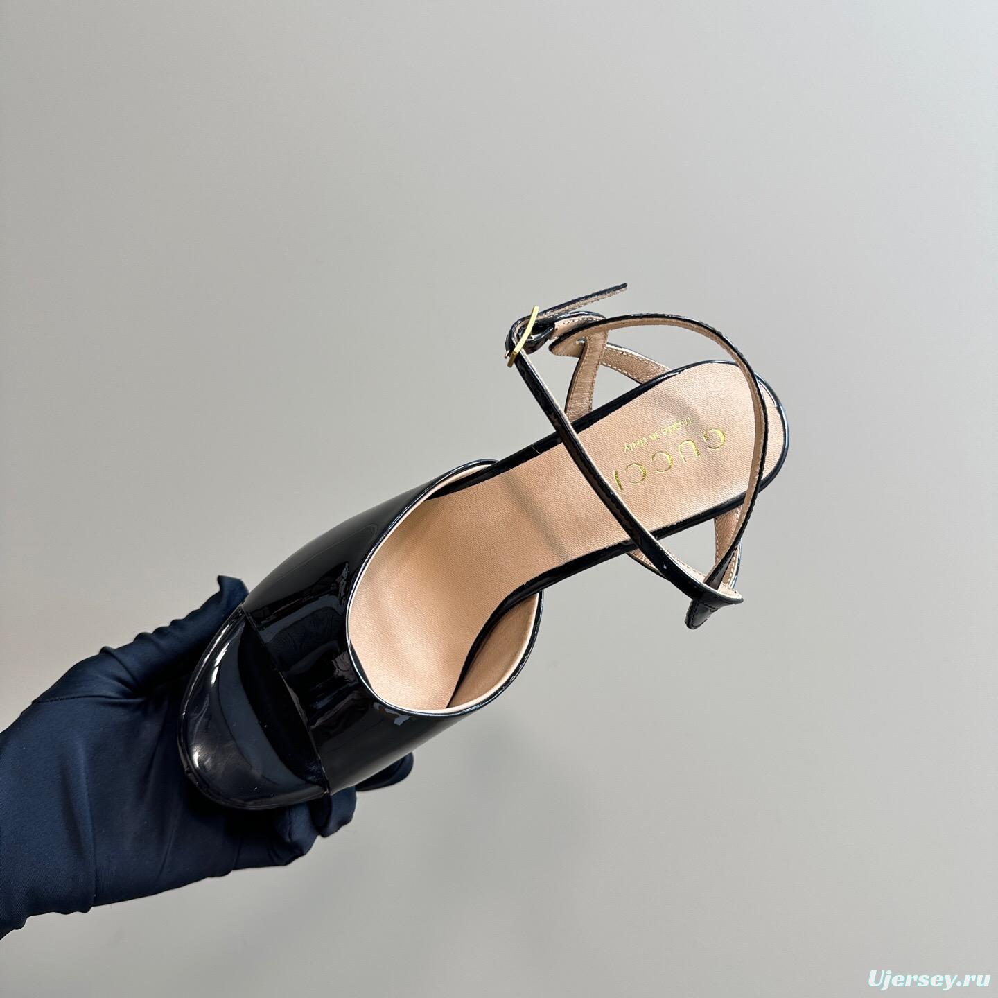 2025 Women Gucci Black Patent Leather Platform Sandals