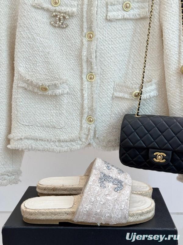 2025/Women Chanel White Lace Espadrille Slides With Sequined CC Logo KFY00240(F)