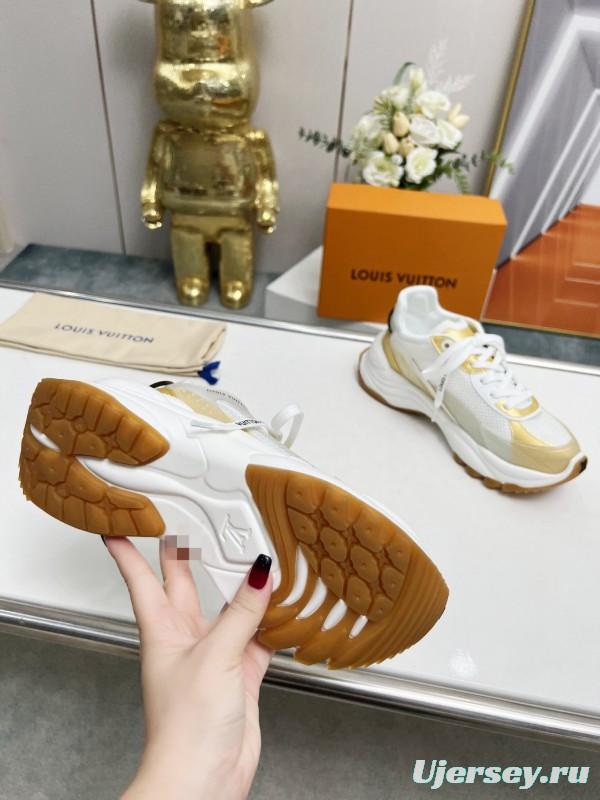 2025 Women Louis Vuitton White Gold Mesh Leather Sneakers LY00340