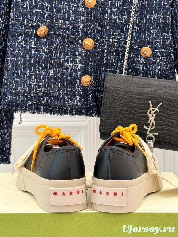 2025 Women Marni Black Leather Platform Sneakers With Contrast Laces LY00360(F)
