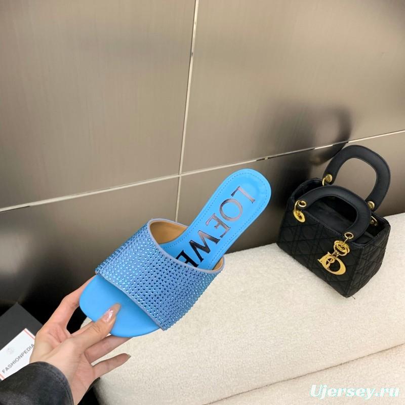 2025 Women Loewe Blue Leather Slide Sandals LY