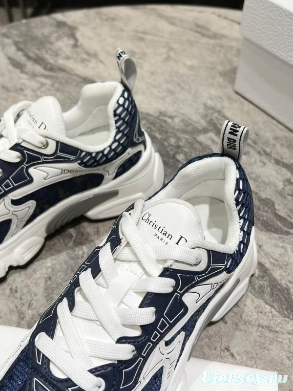 2025 Women Dior Navy White Mesh Leather Sneakers KFY00370