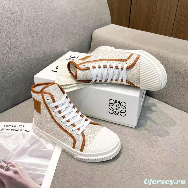 2025 Women Loewe White Brown Canvas High-top Sneakers LY00420