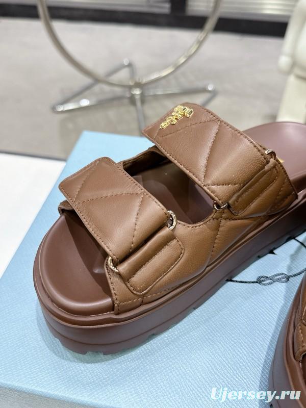 2025 Women Prada Brown Leather Sandals
