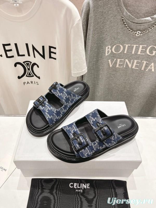 2025/Unisex CELINE Blue Denim Buckled Slide Sandals Stylish Comfort KFY00280