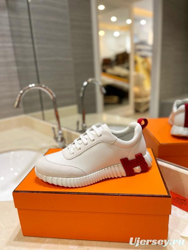 2024 Unisex Hermès White Red Silk Sheepskin Sneakers MJ00320