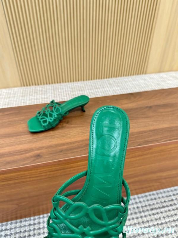 2025 Women Loewe Green Leather Heeled Sandals LY00250
