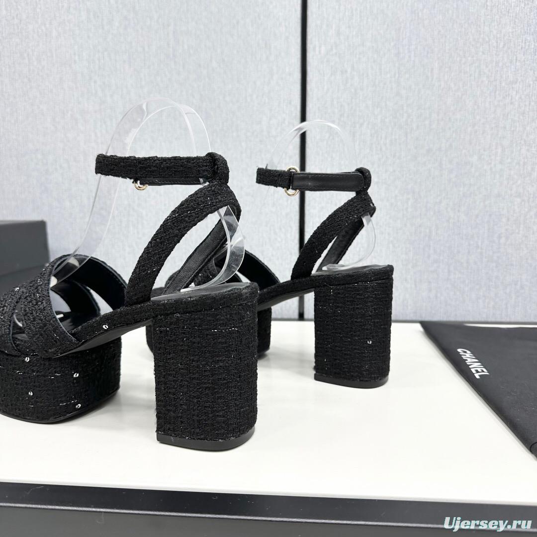2025 Women Chanel Black Fabric Platform Sandals KFY00310