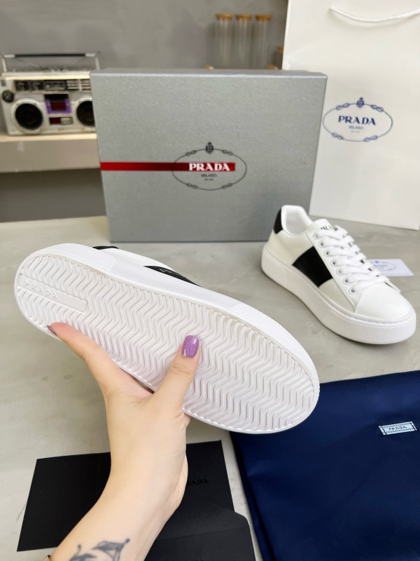 2024 Unisex Prada White Black Silk Calfskin Leather Sneakers MJ00310