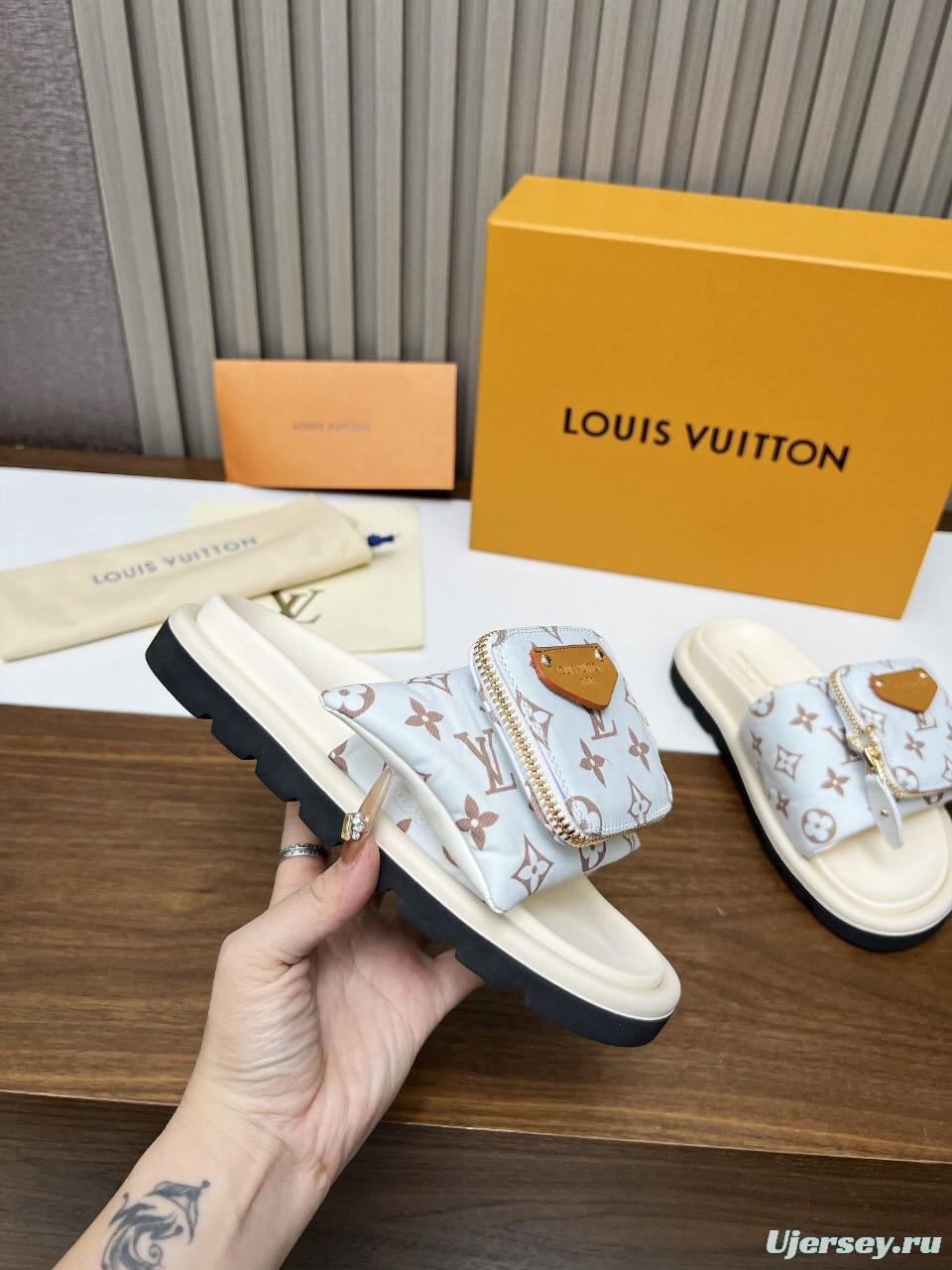 2025 Women Louis Vuitton White Brown Canvas Slippers KFY00230