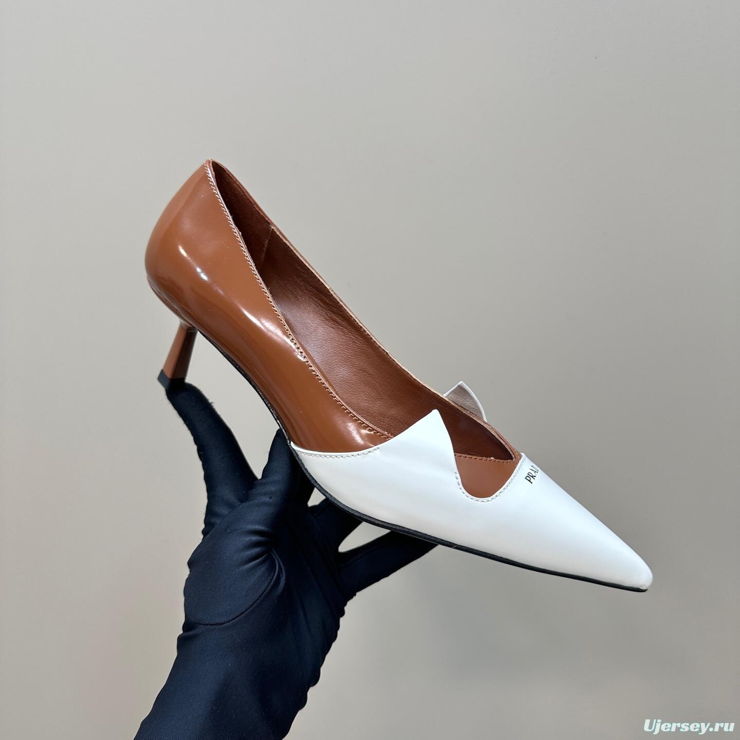 2025 Women Prada White Brown Leather Heels KFY00310