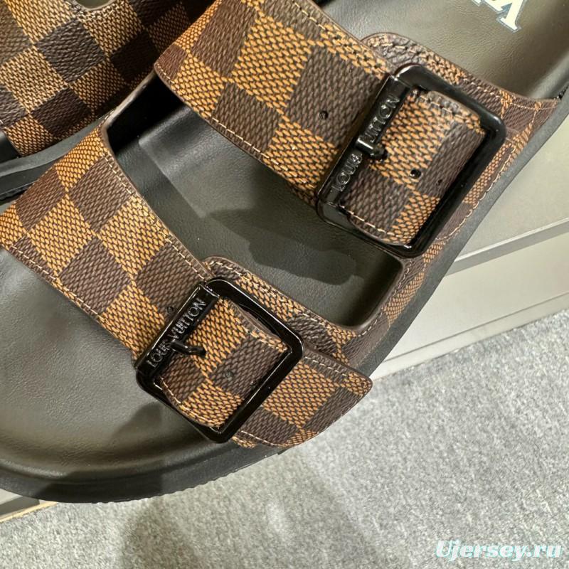 2024 Slippers Louis Vuitton Brown Black Leather Checkered Buckle MJ00210