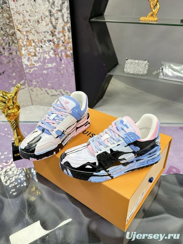 2024 Unisex Louis Vuitton Pink Blue Black Leather Denim Plimsolls Hand-Painted MJ00780