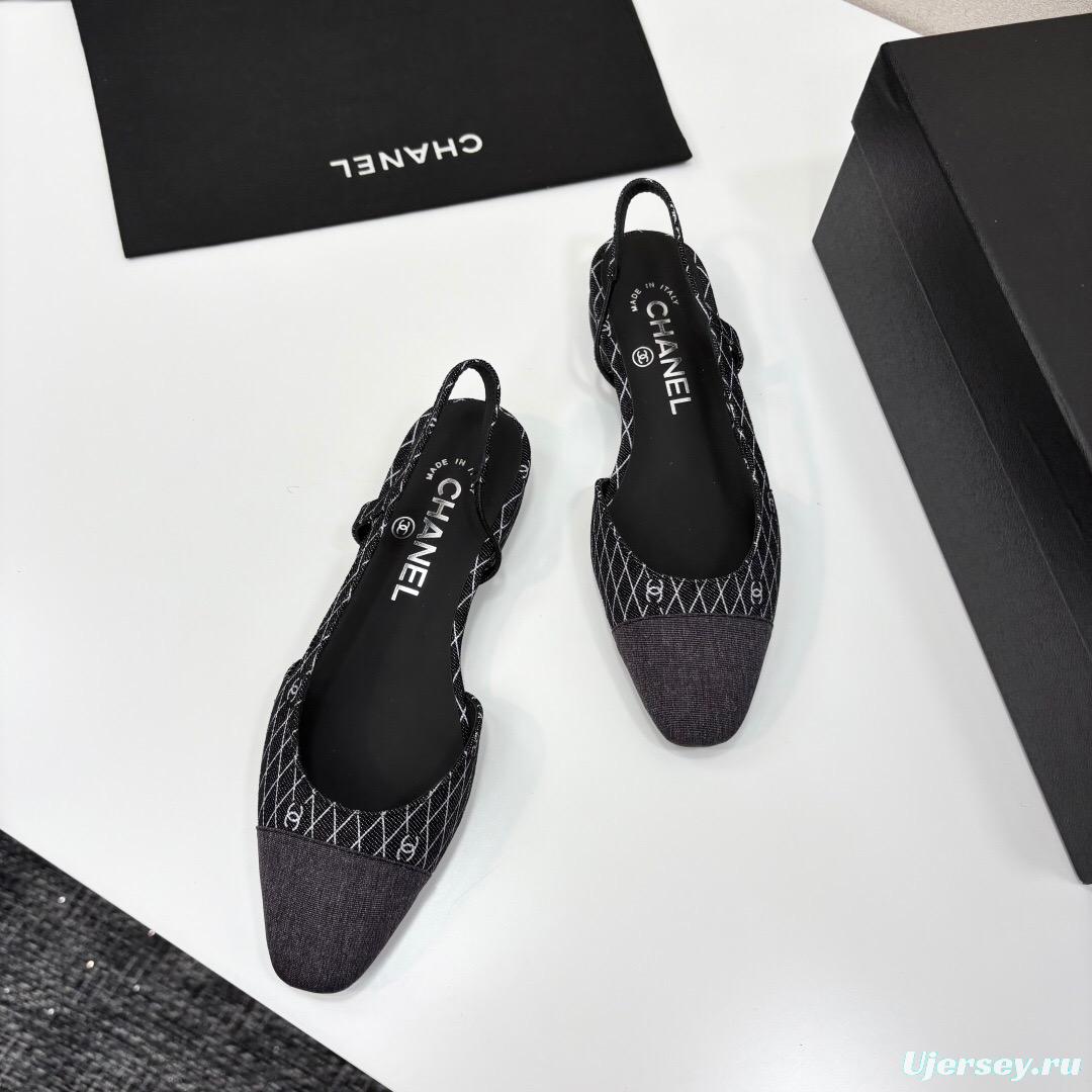 2025 Women Chanel Black White Fabric Leather Slingback LY00240