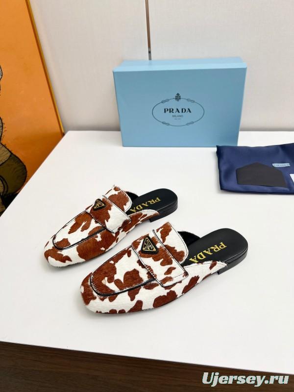 2025 Women Prada Brown White Calf Hair Leather Slippers LY00260