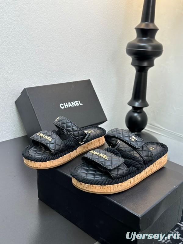 2025 Slippers Chanel Black Leather Cork Sole Sandal LY00250