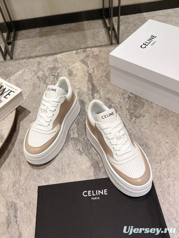 2025 Women Celine Beige White Leather Platform Sneakers