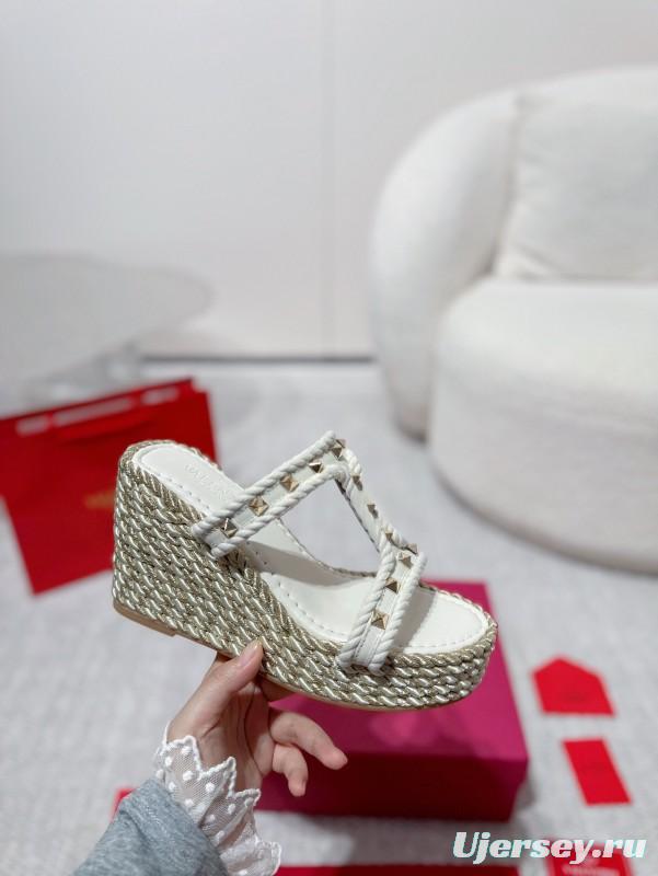 2025 Women Valentino White Leather Wedge Sandals Studs LY00290