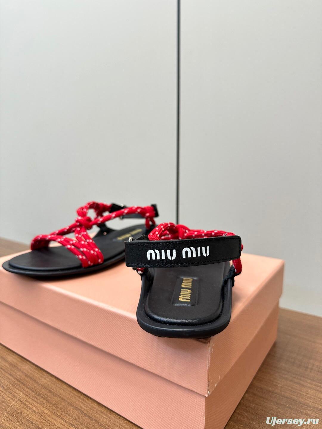 2025 Women Miu Miu Red Rope Leather Sandals LY