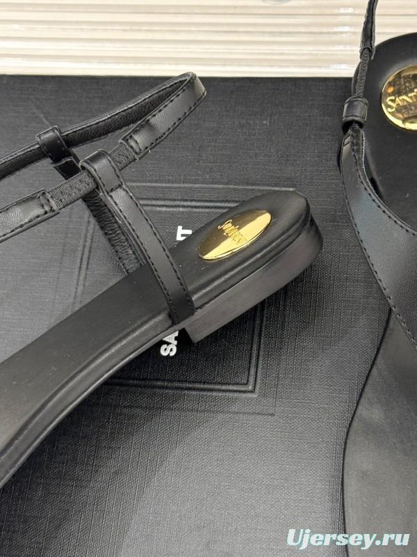 2025 Women Yves Saint Laurent Black Leather Sandals KFY00270