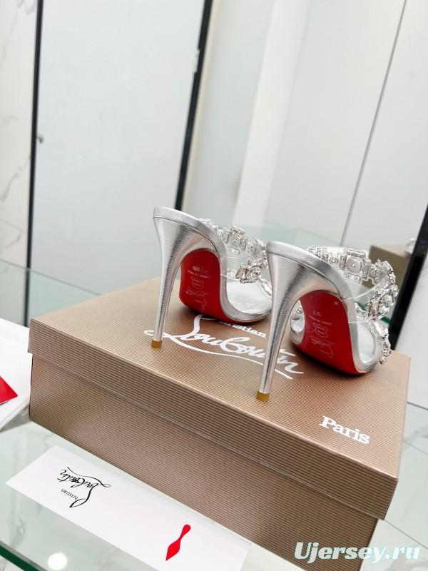 2025 Women Christian Louboutin Silver Leather High Heel Sandals Diamond Decoration LY00300