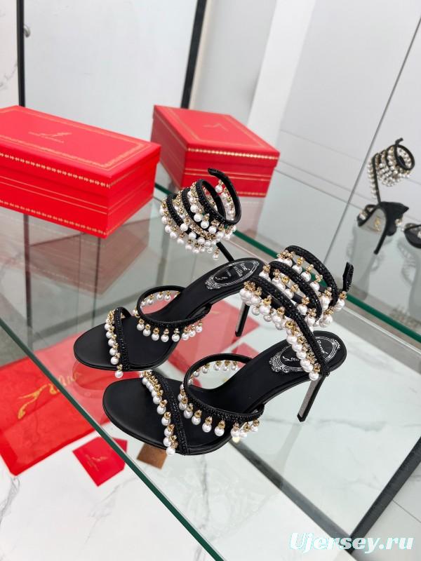 2025 Women RC Black Silk Crystal Pearl High Heel Sandals LY00360