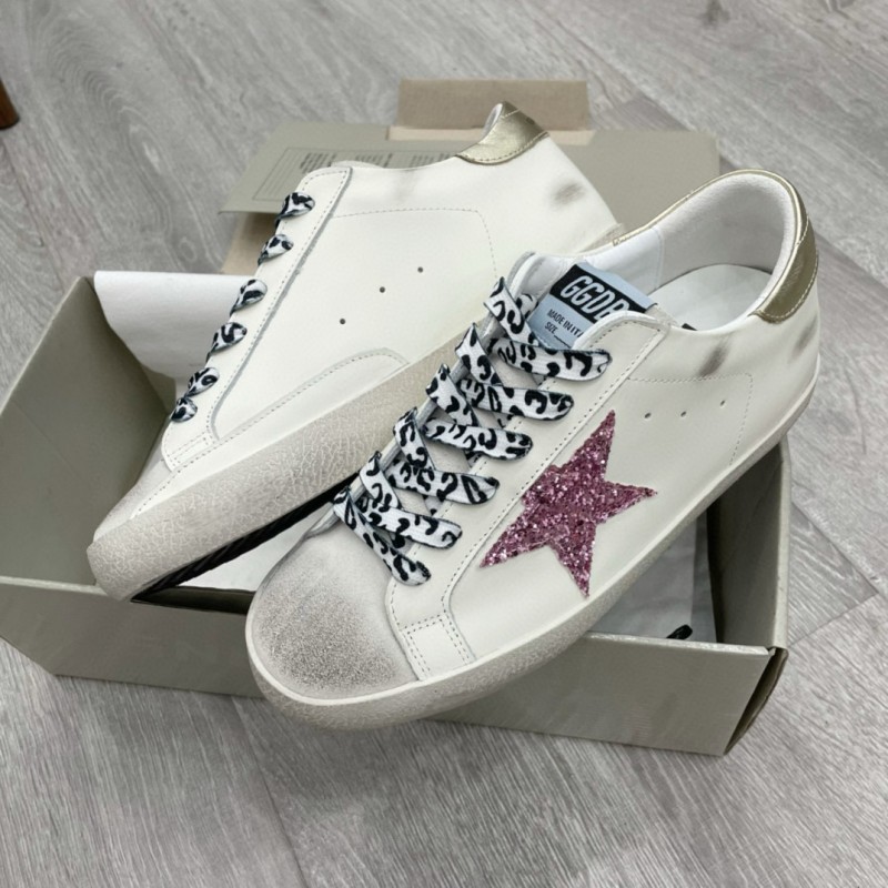 2025 Women GGDB White Pink Leather Sneakers Glitter Star