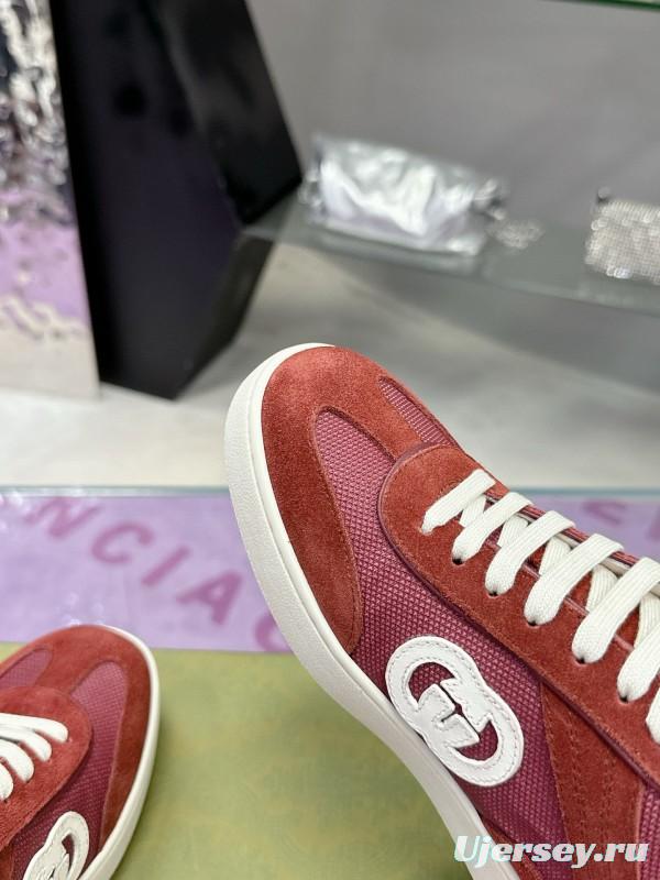 2024 Unisex Gucci Red Burgundy White Leather Suede Sneakers MJ00310