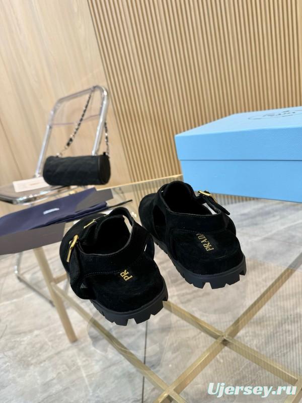 2025 Women Prada Black Suede Sandals