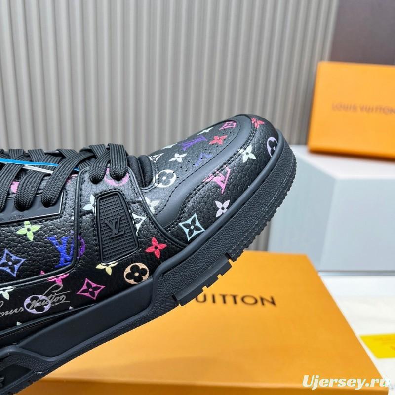 2025 Unisex Louis Vuitton Black Multicolor Leather LV Trainer Sneakers KFY00370