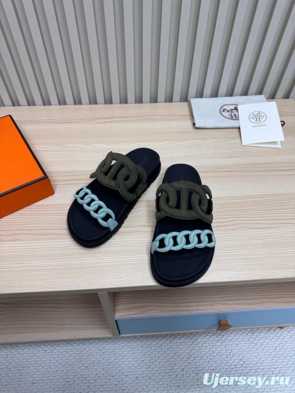 2025 Women Hermès Black Light Blue Leather Slippers