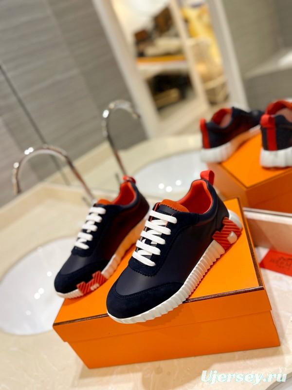2024 Unisex Hermès Navy Red White Imported Glazed Calf Suede Rain Velvet Sneakers MJ00320