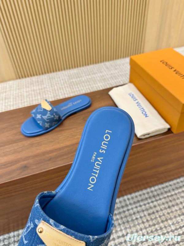 2025 Women Louis Vuitton Blue Denim Leather Slippers LY00200