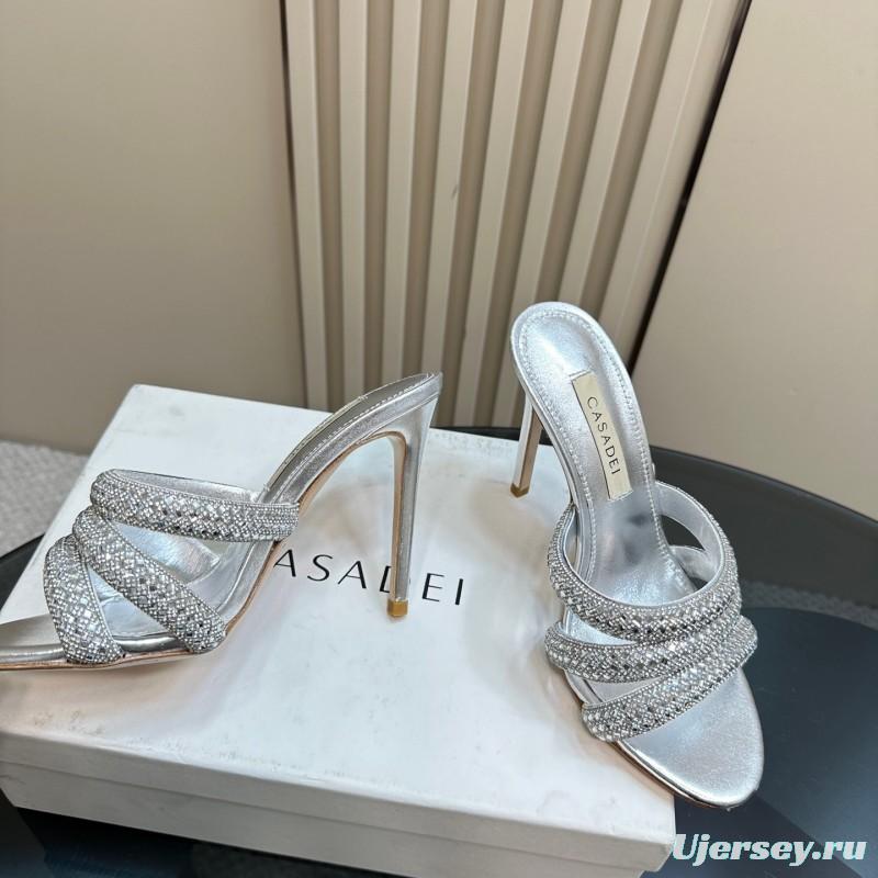 2025 Women Casadei Silver Leather High Heel Crystal Embellished KFY00290