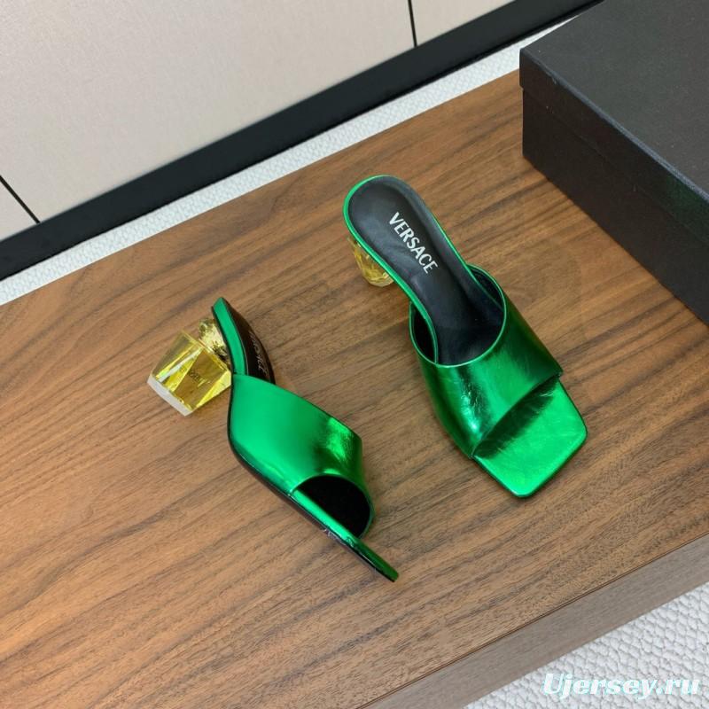 2025 Women VERSACE Green Leather Slippers