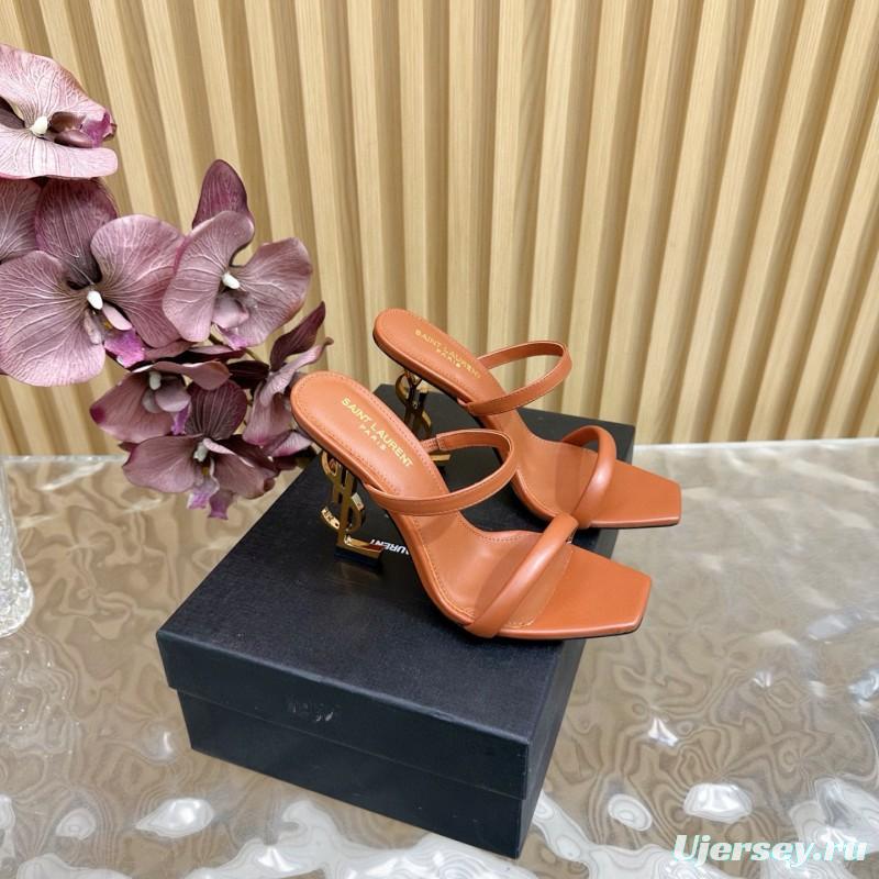 2025 Women Yves Saint Laurent Brown Leather High Heel Sandals Metal Logo MJ00310