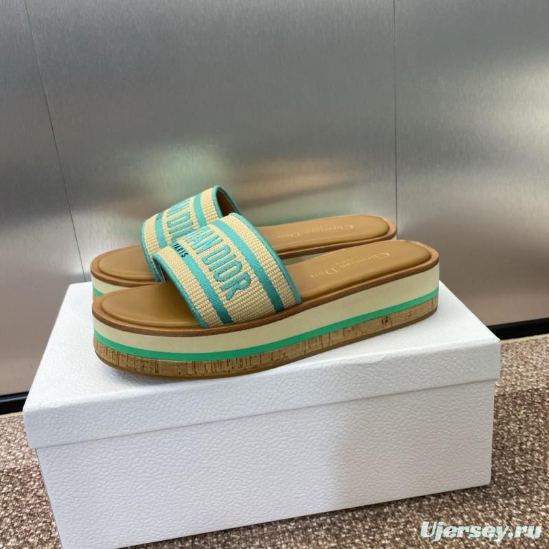 2025 Women Dior Blue Beige Fabric Leather Platform Slide Sandals