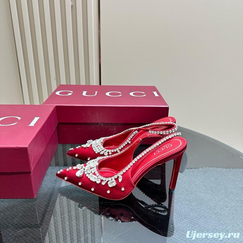 2025 Women Gucci Red Satin High Heel Slingback Crystal MJ00340