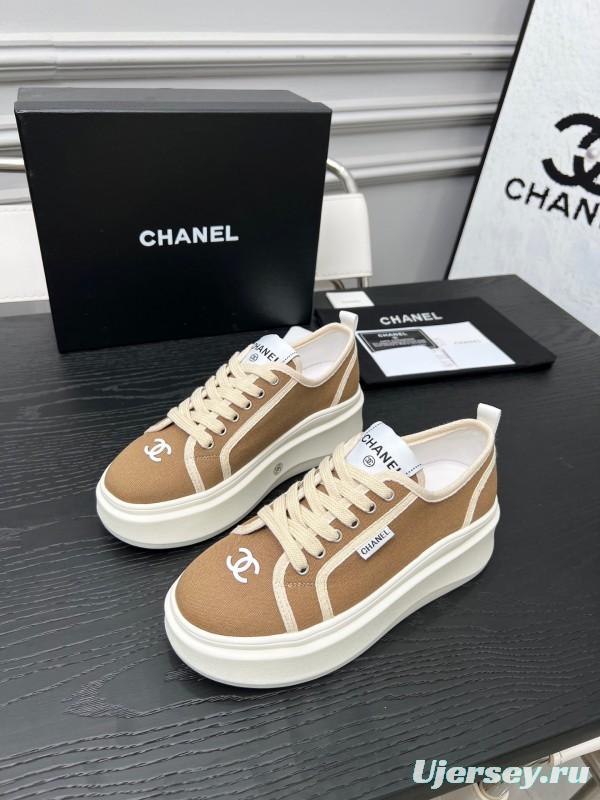 2025 Women Chanel Beige Canvas Leather Sneakers Collaboration LY00250