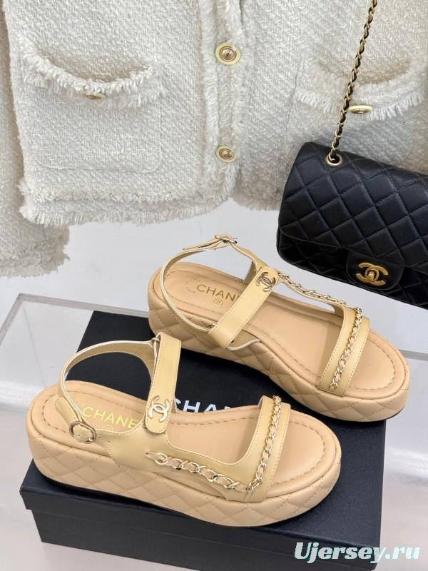 2025 Women Chanel Beige Leather Platform Sandals Chain KFY00270