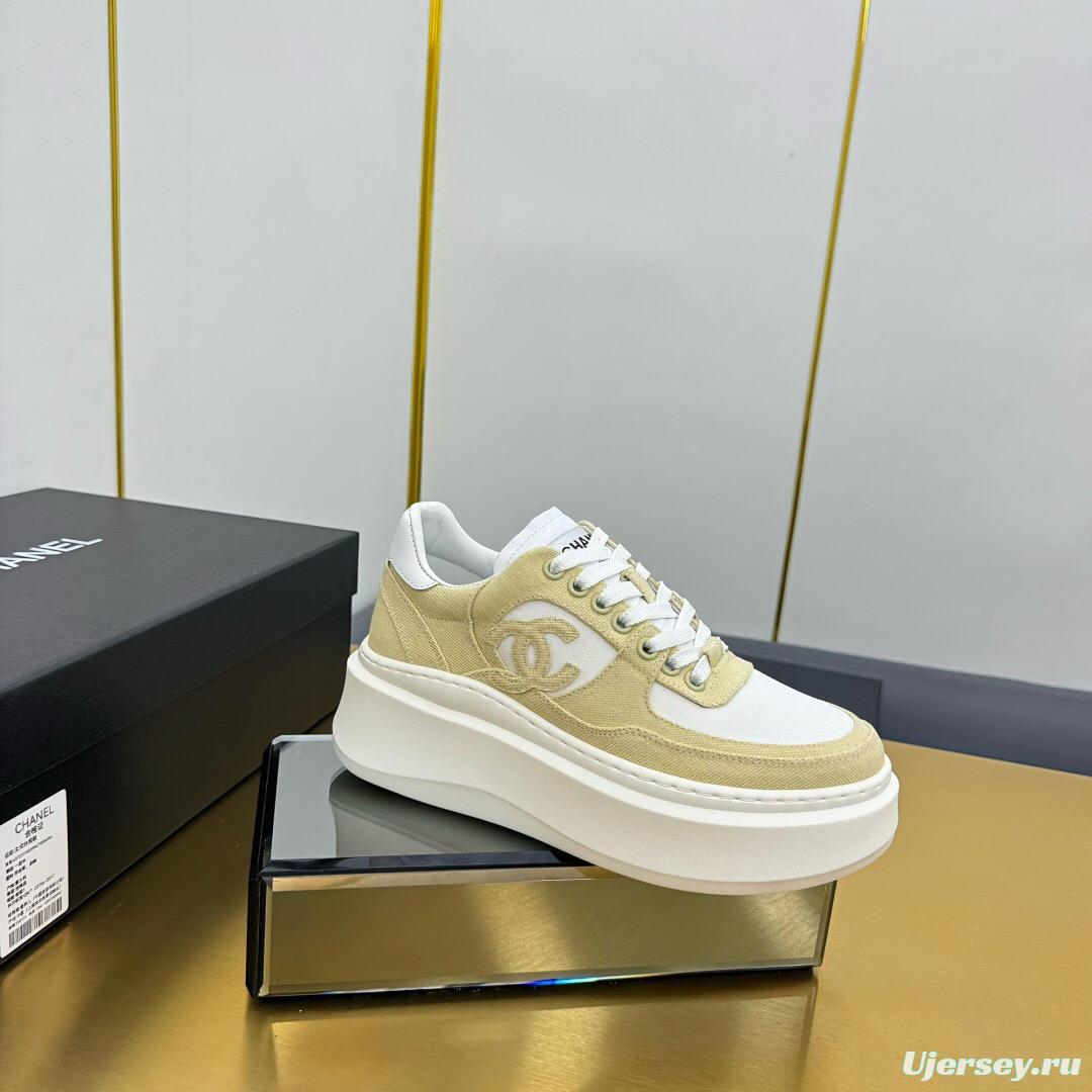 2025 Women Chanel Beige White Canvas Leather Sneakers