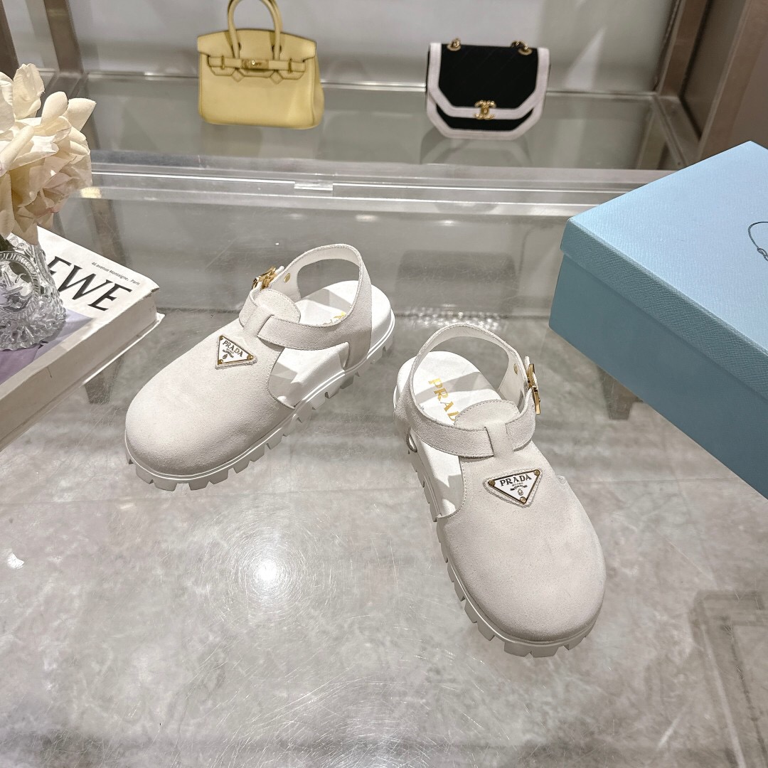 2025 Women Prada White Suede Sandals LY00270