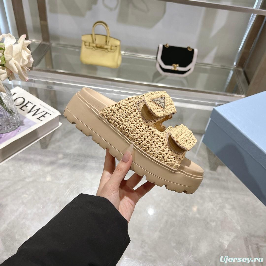 2025 Women Prada Beige Woven Leather Slippers LY