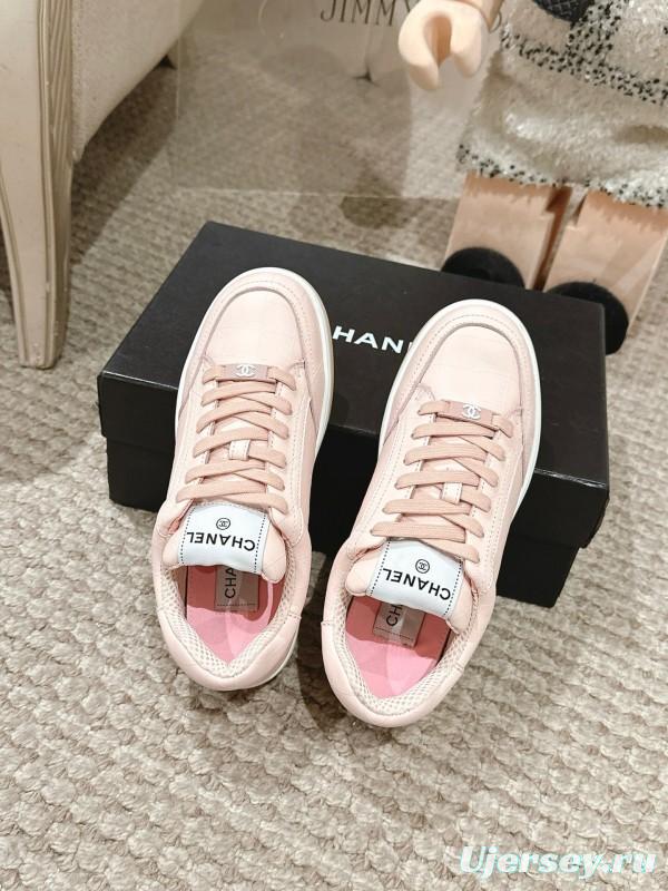 2025 Women Chanel Pink Leather Sneakers