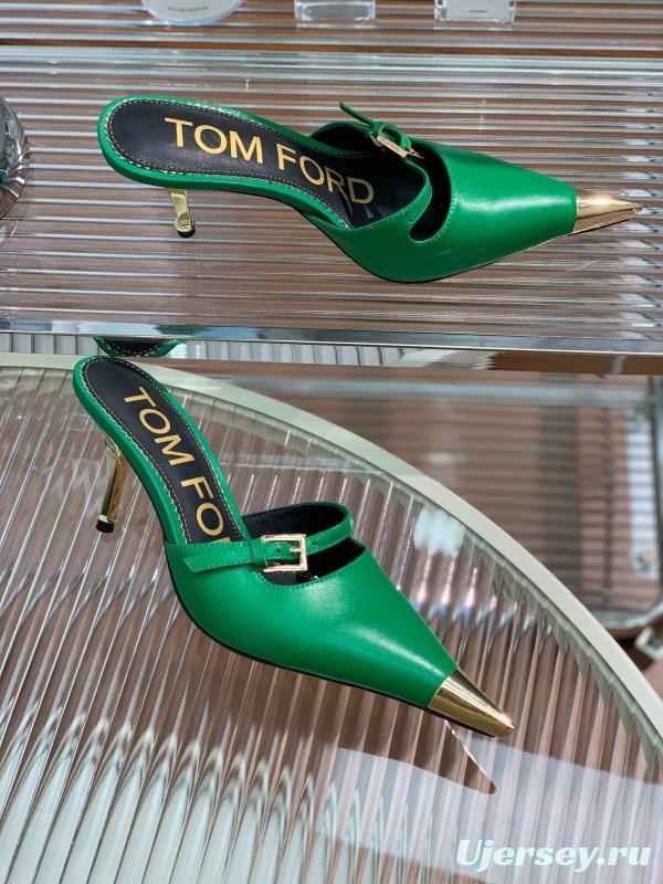 2025 Women TOM FORD Green Gold Leather Pointed Toe Mules KFY00300