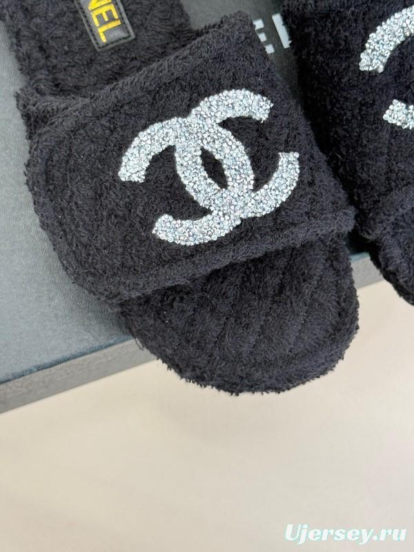 2025 Women Chanel Black Terry Cloth Slippers KFY00220