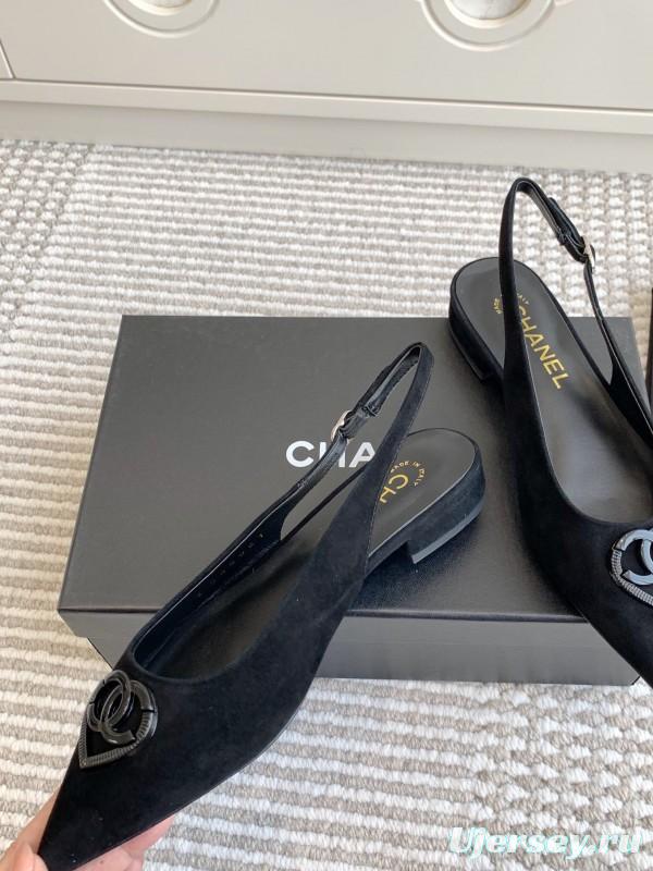 2025 Women Chanel Black Suede Slingback Heart Logo Flats KFY00300